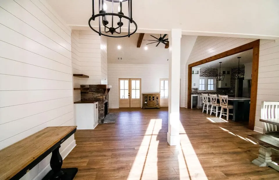 Kitchen with exposed reclaimed beams
